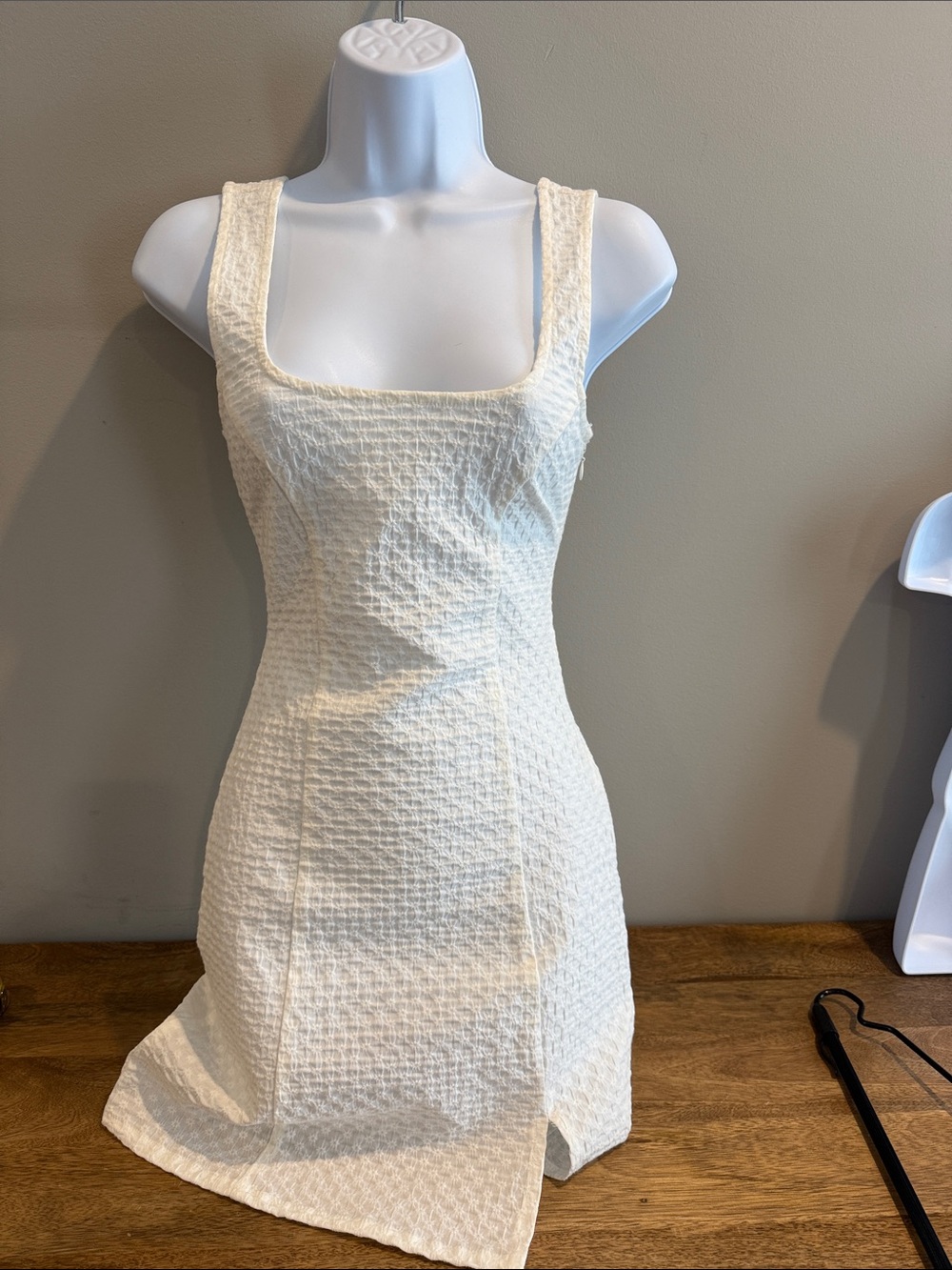 Ivory Textured Square-Neck Mini Dress